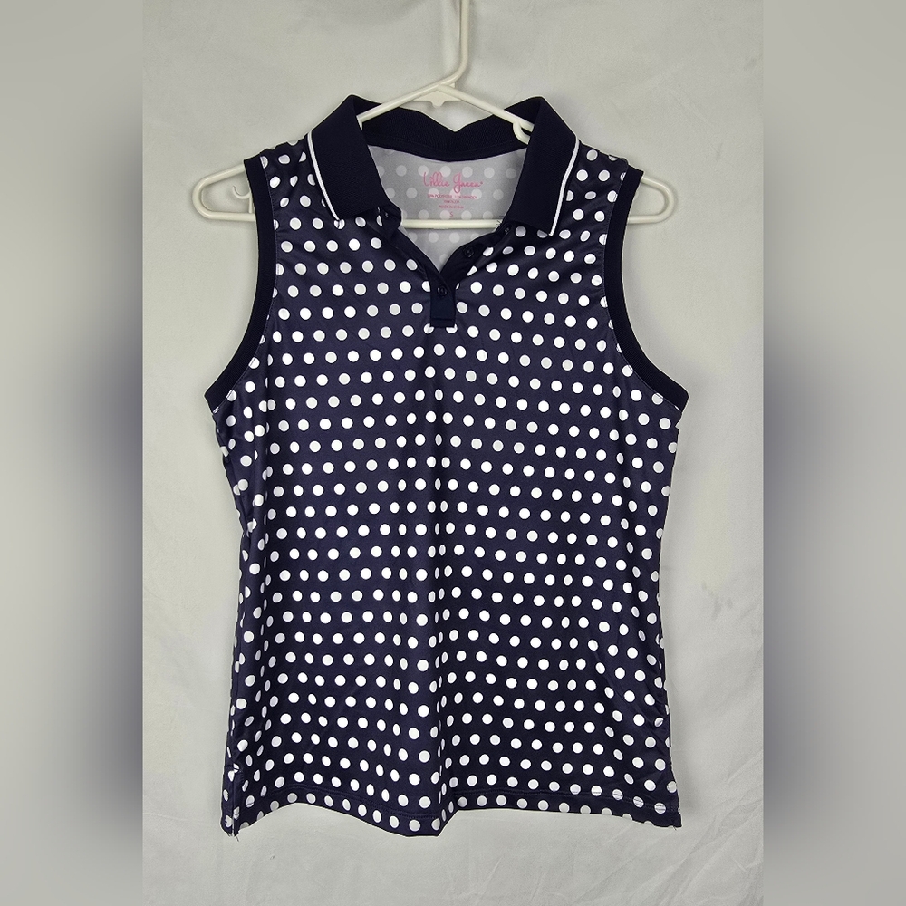 Lillie Green Navy Polka Dots Sporty Golf Pickleball Sleeveless Polo Shirt sz S